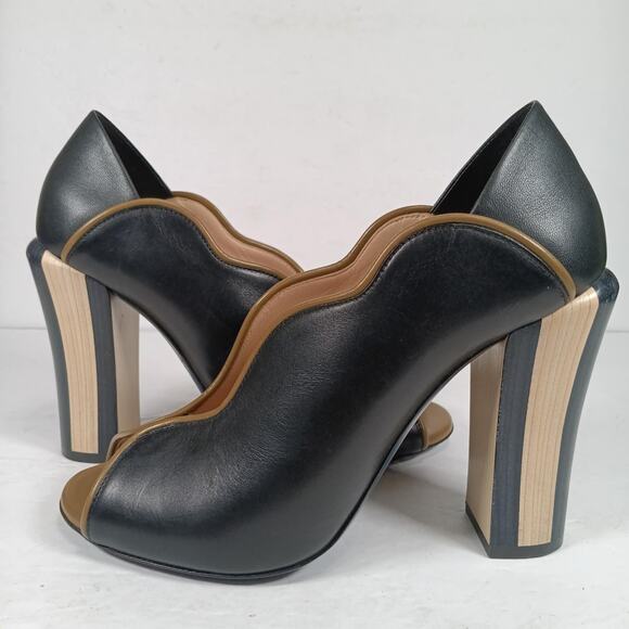 Fendi Black/Olive Green Leather Wave Block Heel Peep Toe Pumps Size 38 - Picture 1 of 4